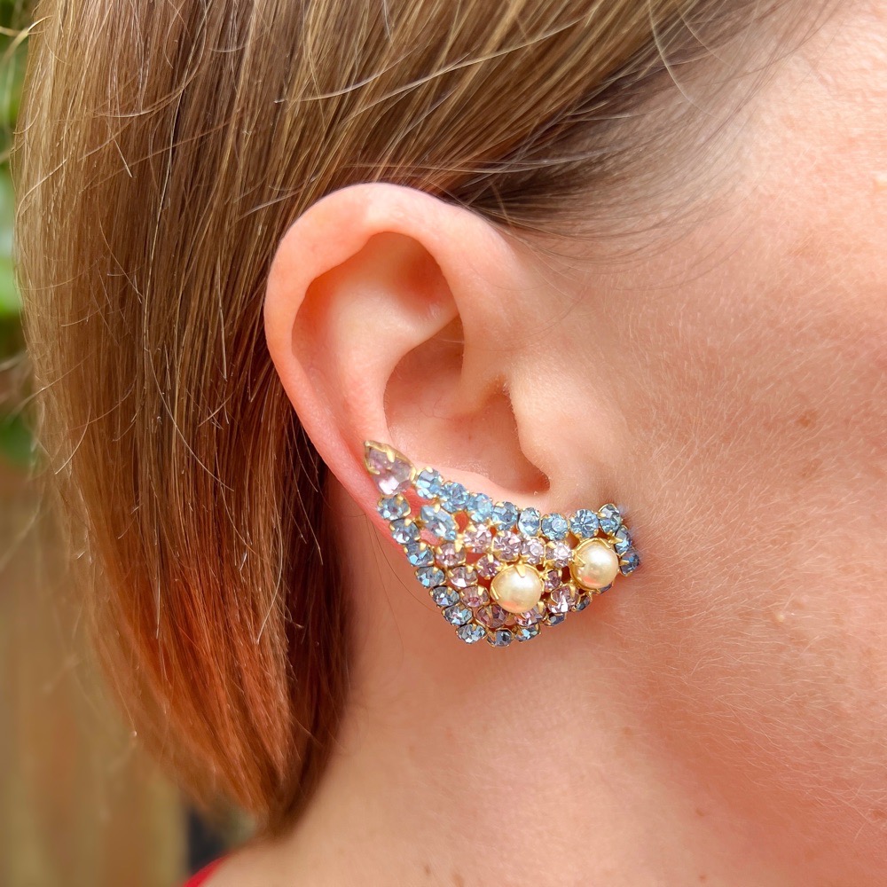 Vintage 1950s Faux Pearl and Rhinestone Triangular Climbing Earrings